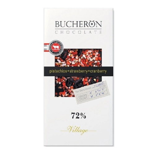 Bucheron Village шоколад горький с клюквой, клубникой и фисташками, 85 гр